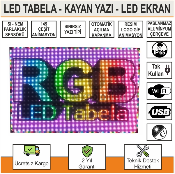 LED Tabela 256x64cm Kayan Yazı Full Renkli RGB Tek Taraflı
